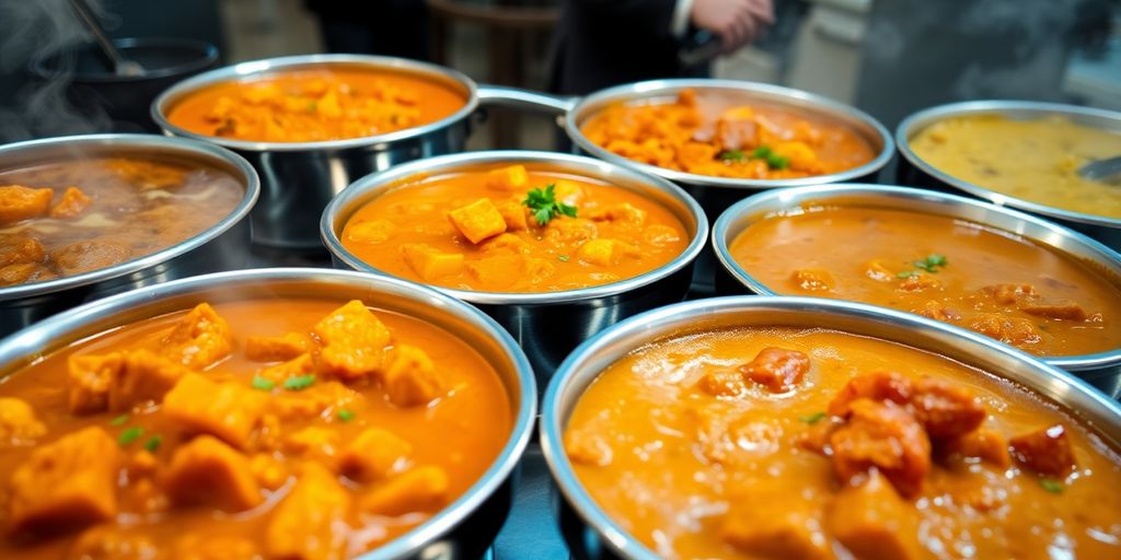 Steaming hot Indian curry in a modern serving dish.