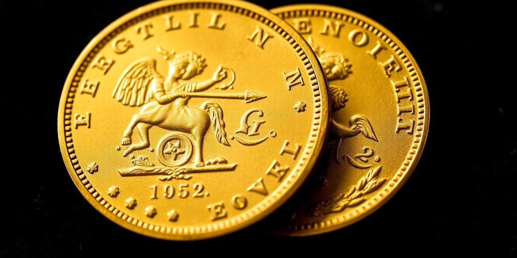Pièce en or de Napoléon sur fond sombre.