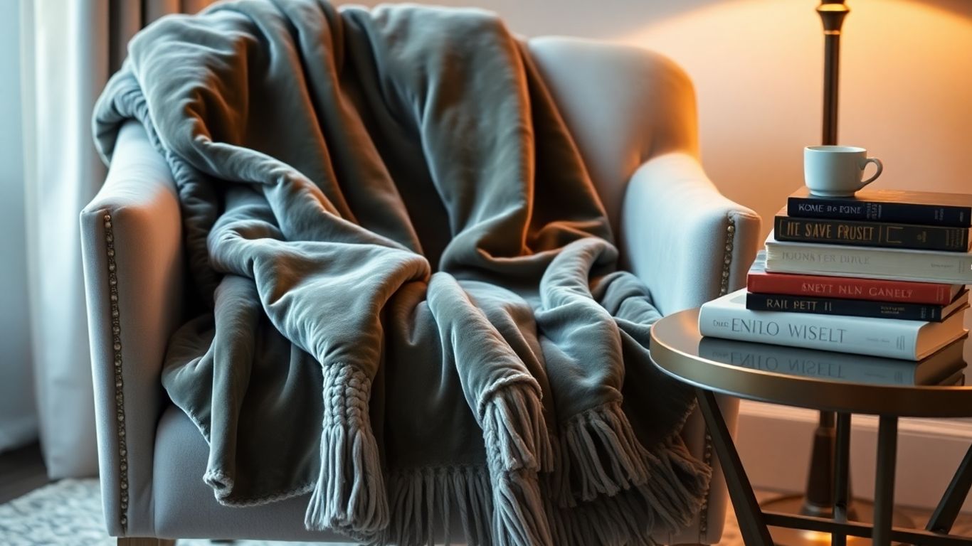 Cozy armchair with velvet throw, books, and mug.