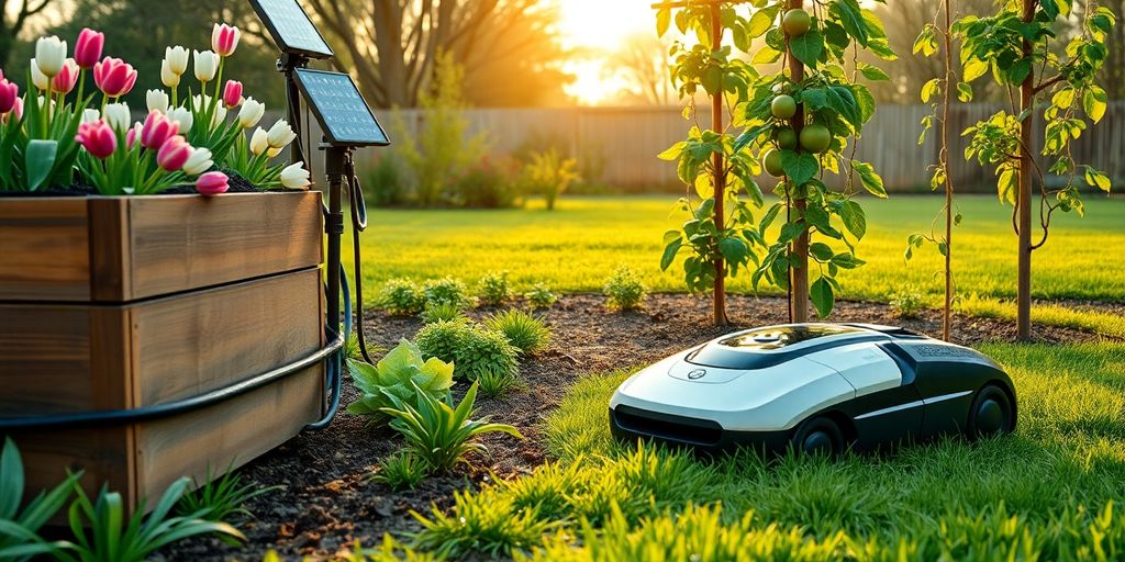 Grădină inteligentă cu flori de sezon, senzori solari și robot