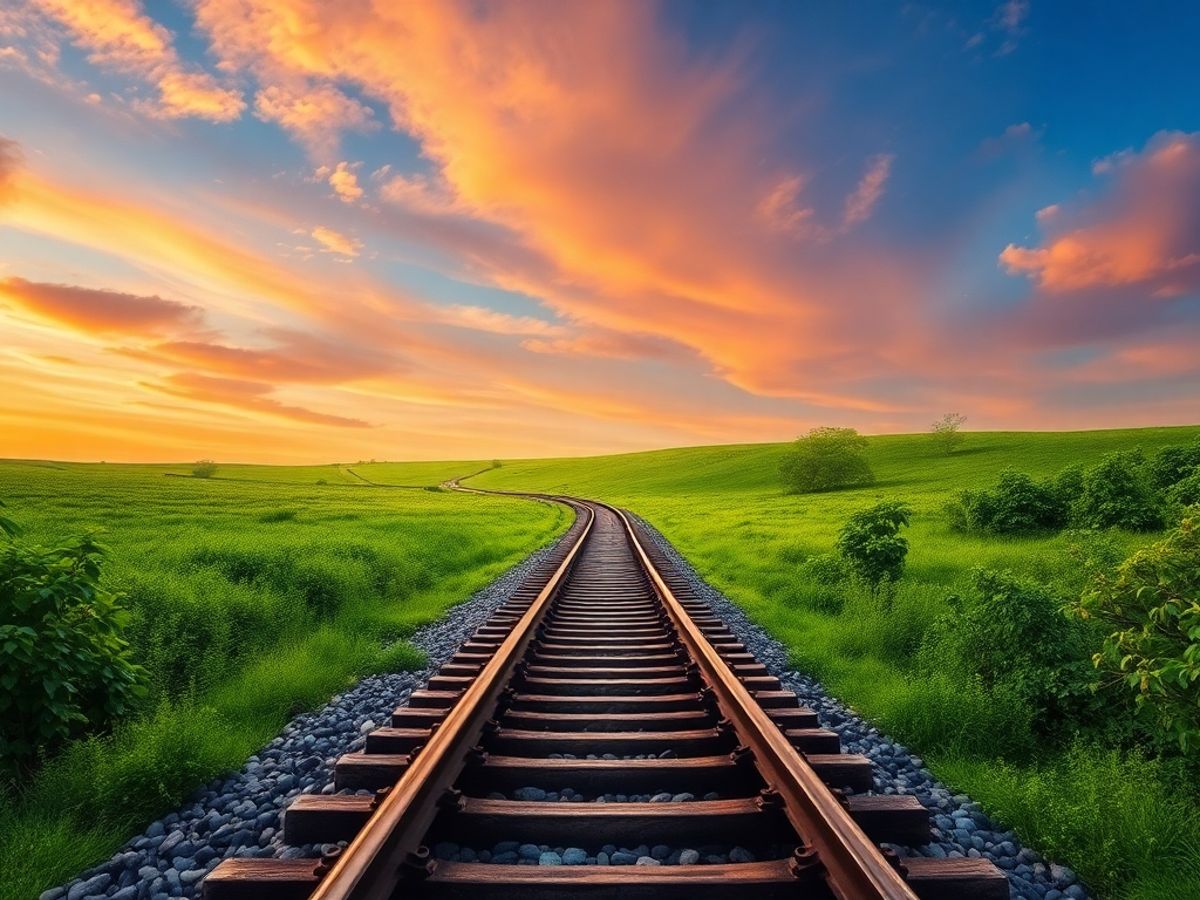 Winding railroad track through a lush green landscape.
