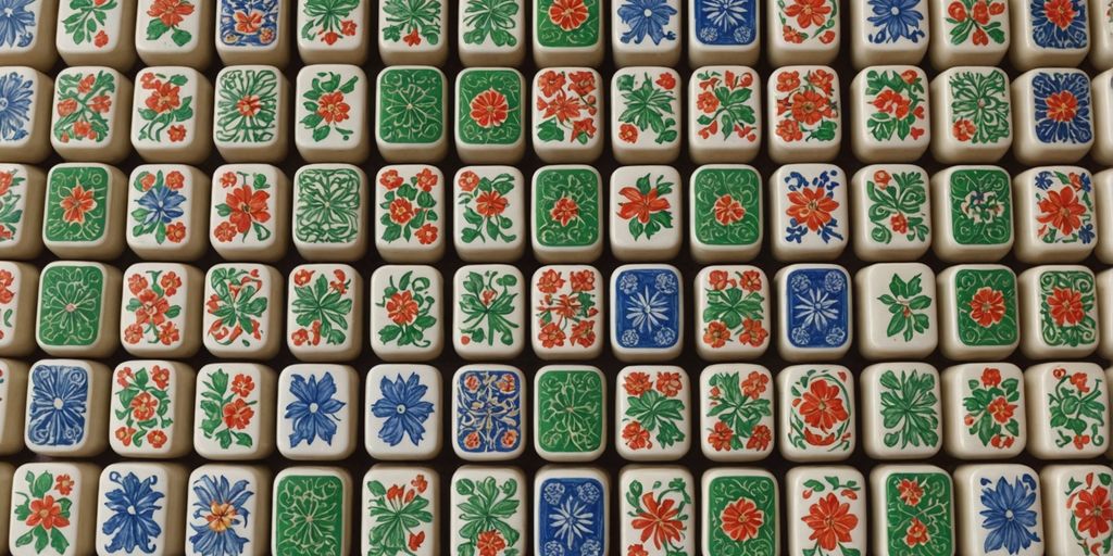 Colorful Mahjong tiles on a wooden table.