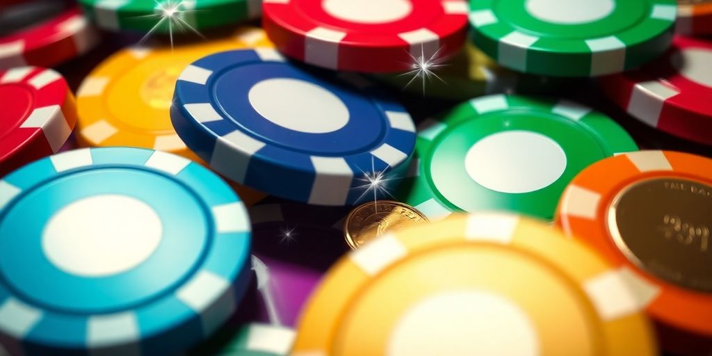 Playful casino chips and bonus symbols on a vibrant background.