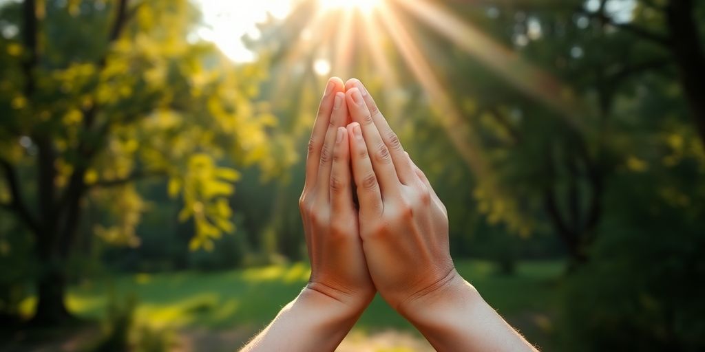 Two hands clasped in prayer amidst a tranquil landscape.