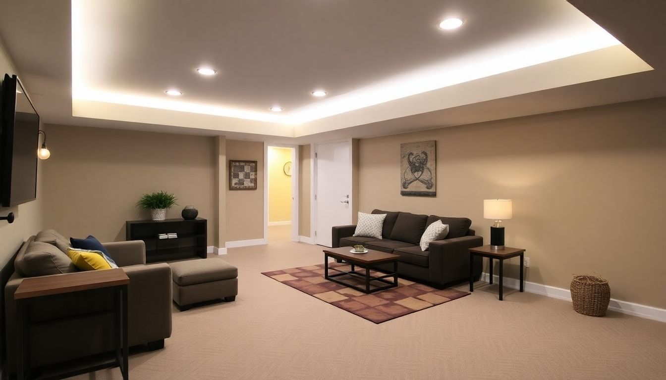 Brightly refurbished basement with modern furniture and decor.