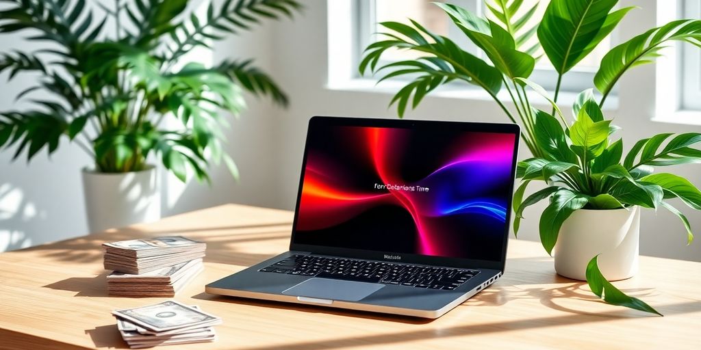 Laptop, money, and tropical plants on a desk.