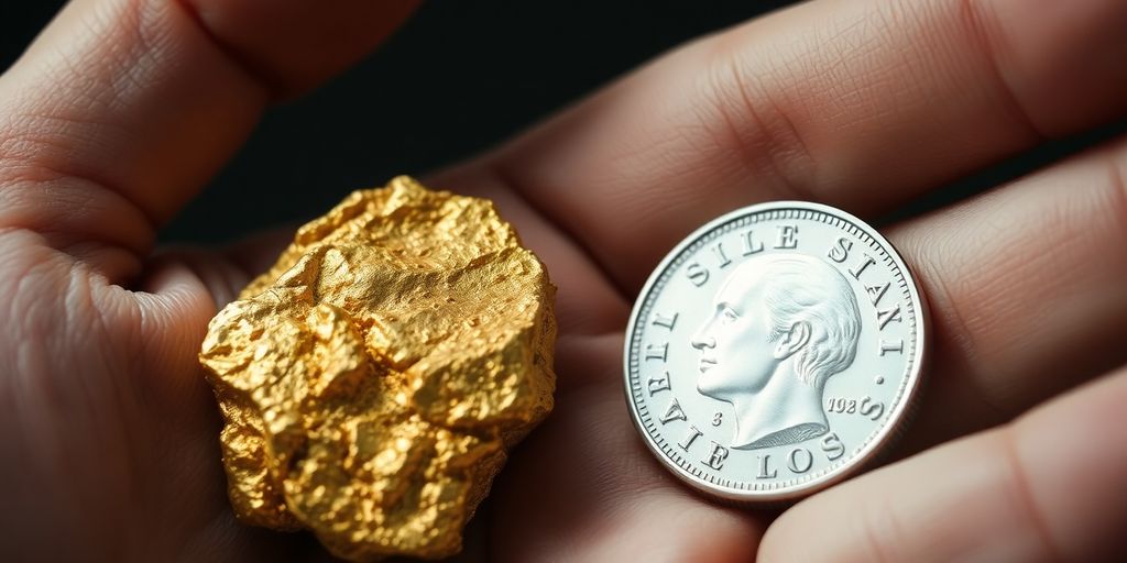 Une main tenant une pépite d'or et une pièce d'argent.