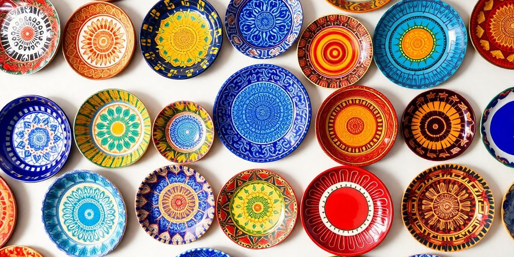 Decorative art plates on a wall.