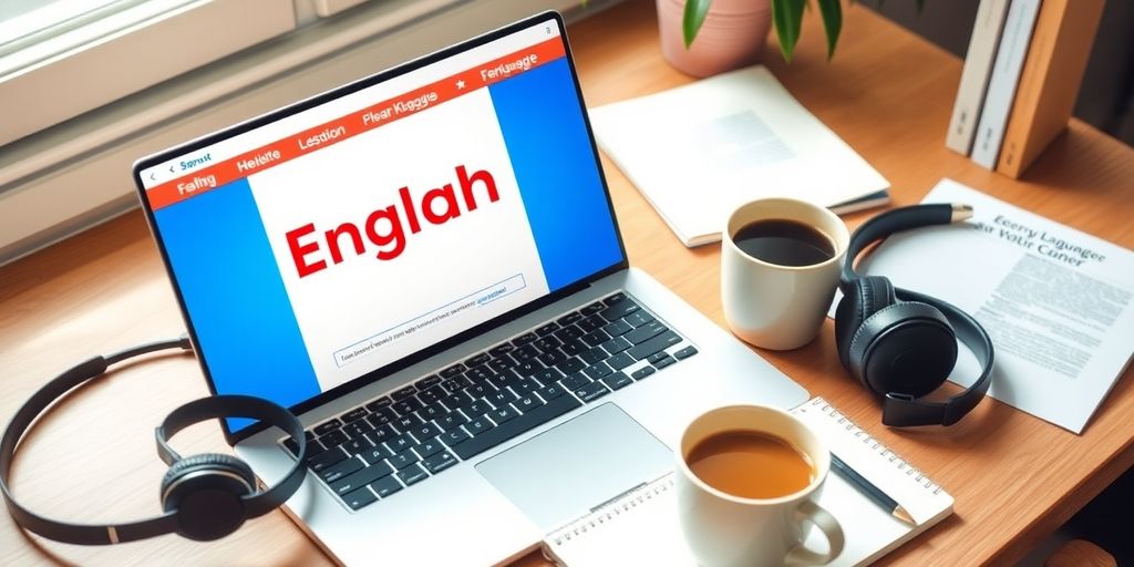 Espaço de estudo com laptop e materiais de aprendizado.