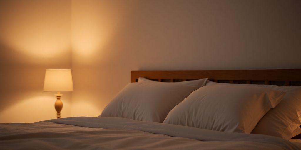 Serene bedroom with dim lighting and comfortable bedding.