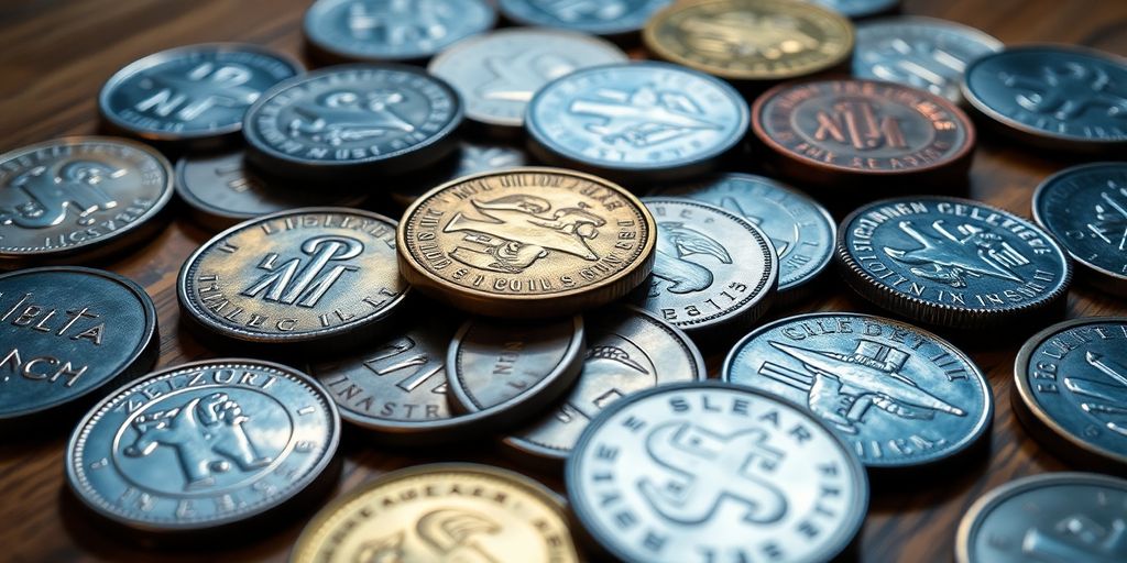 Variety of unique coins on a wooden table.
