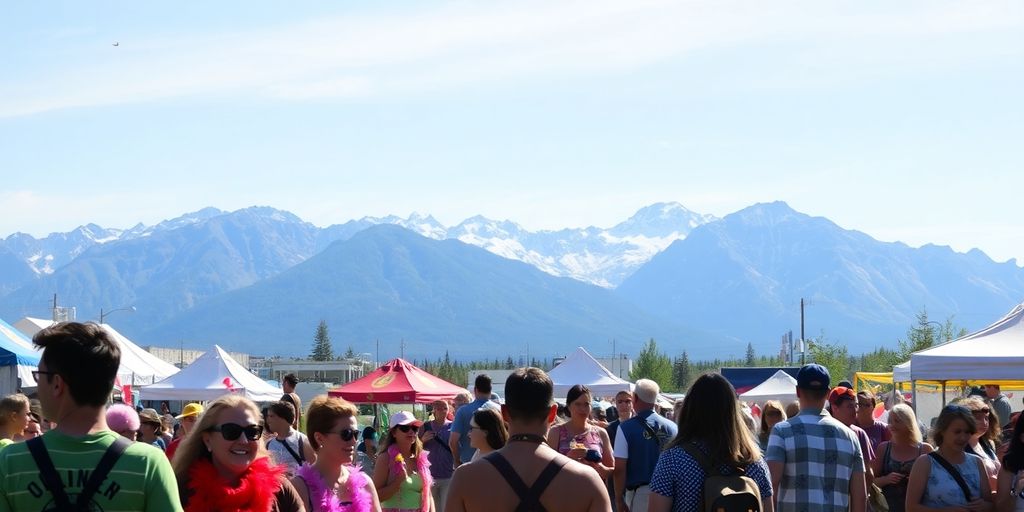 People enjoying outdoor festival, mountains in background.