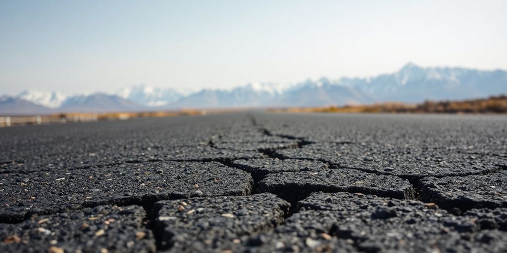 Cracked road, mountainous landscape, seismic activity.