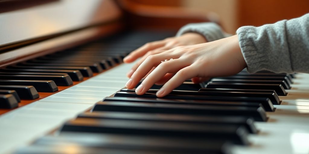 A piano teacher guiding a student's hands on keys.