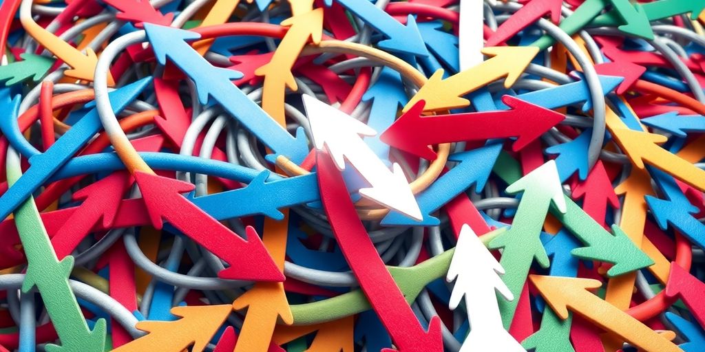 Person pointing at a jumbled mess of arrows.