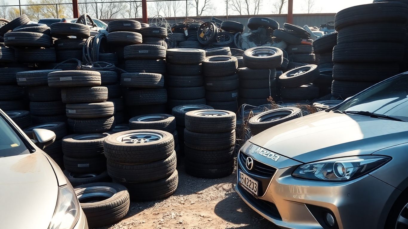 Mazda car parts in a recycling yard.