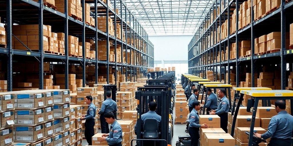Peak Season in der Logistik: Wie Zeitarbeit Engpässe abfedert Logistiklager mit Arbeitern, die Pakete handhaben.