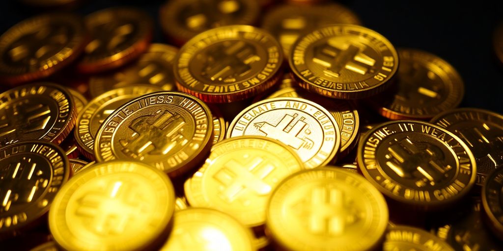 Pièces d'or brillantes et empilées, capturant la lumière.