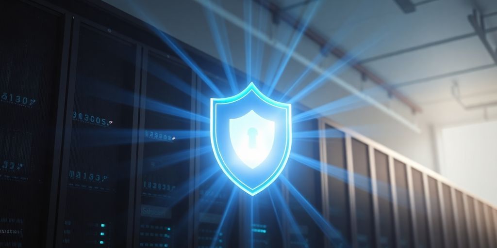 Digital security shield protecting cloud servers.