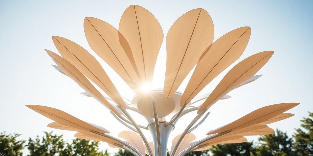 Un arbre solaire photovoltaïque avec des pétales ouverts.