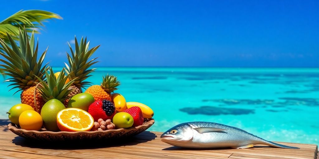 Tropical fruit platter with fish and ocean view.