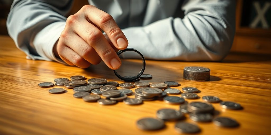 Expert examinant des pièces anciennes sur un comptoir