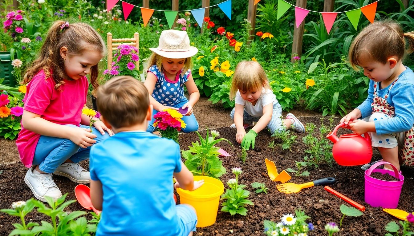 Children gardening with colourful tools in a sunny garden.