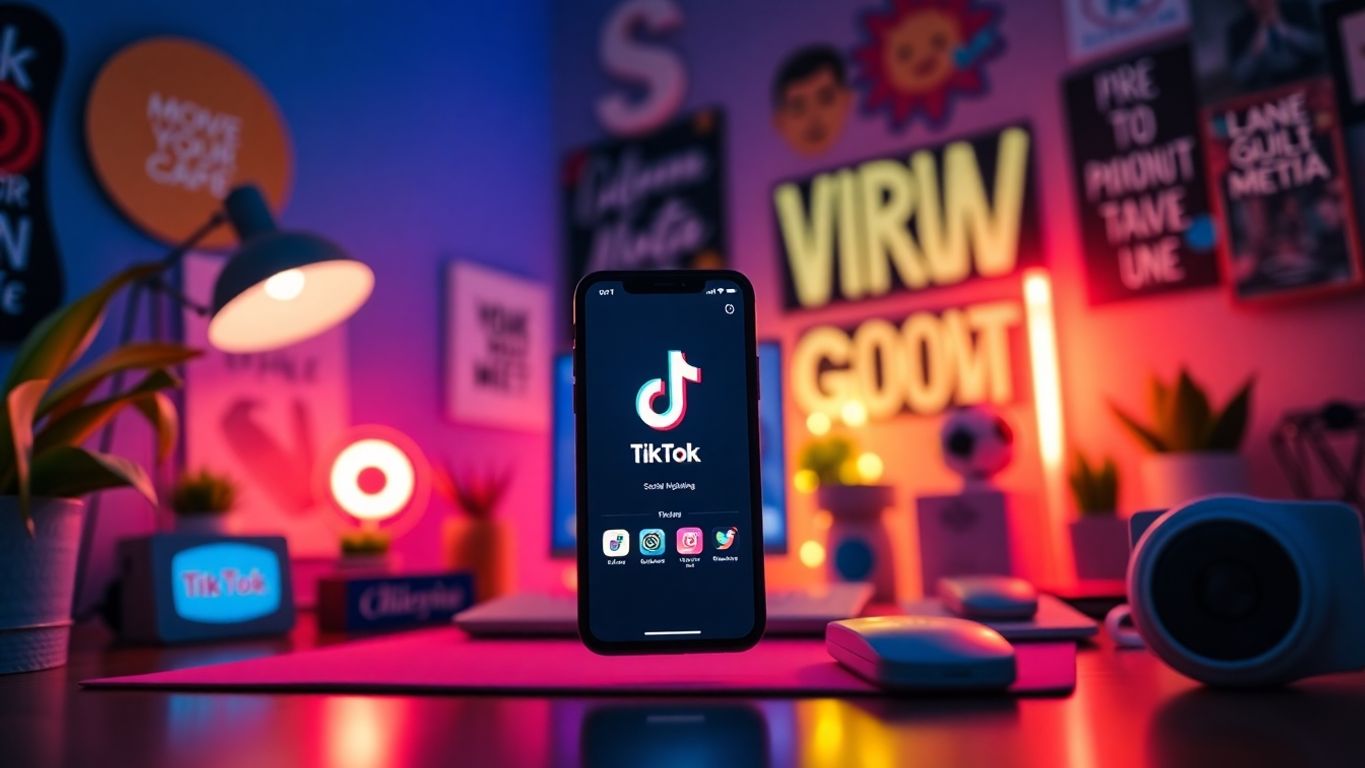 Smartphone with TikTok app in a colorful workspace.
