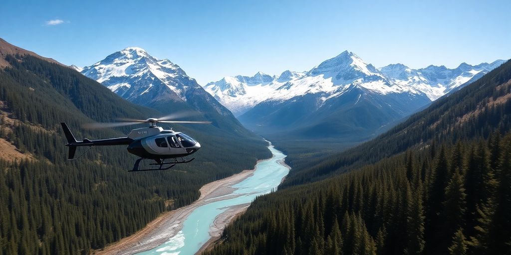 An MD 500E helicopter flies over an Alaskan mountain range.