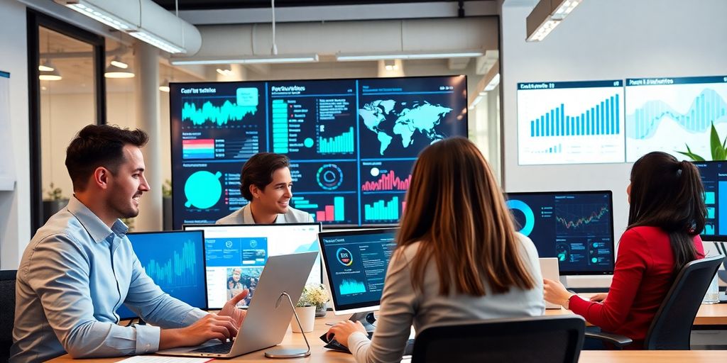 Profissionais de marketing digital em um escritório moderno.