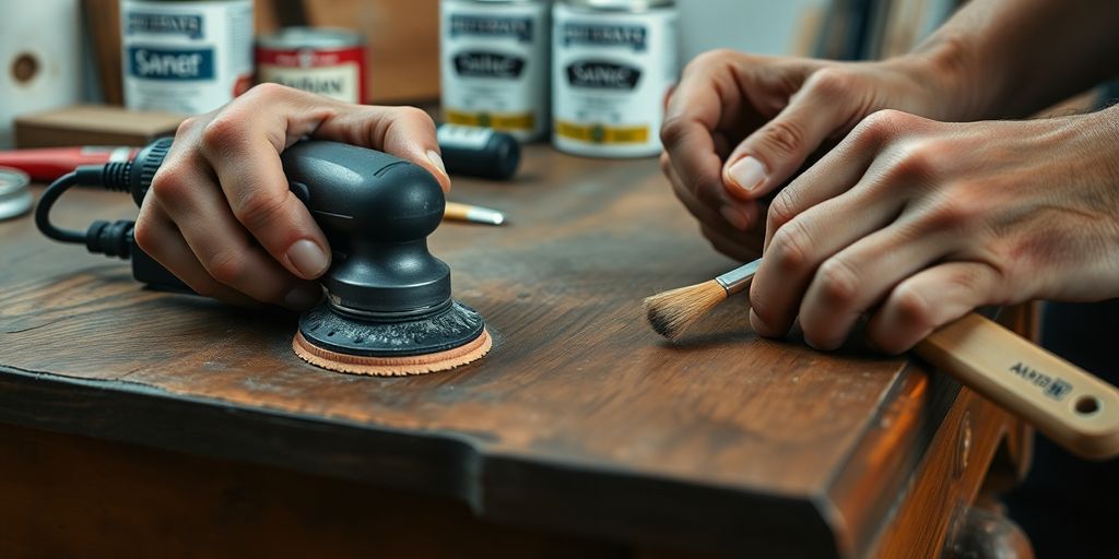 Hands restoring vintage furniture with tools and paint cans.