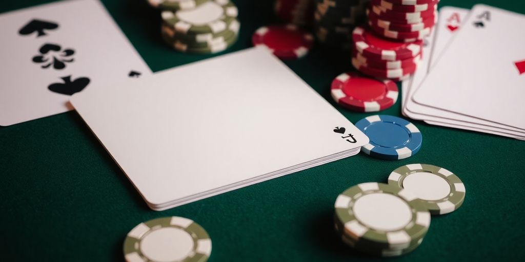 Blackjack cards and chips on a felt table.