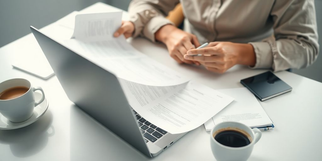 Editor working on a laptop in a cozy workspace.