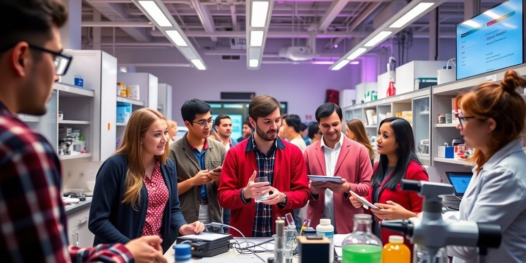 Harvard students collaborating in a modern research environment.