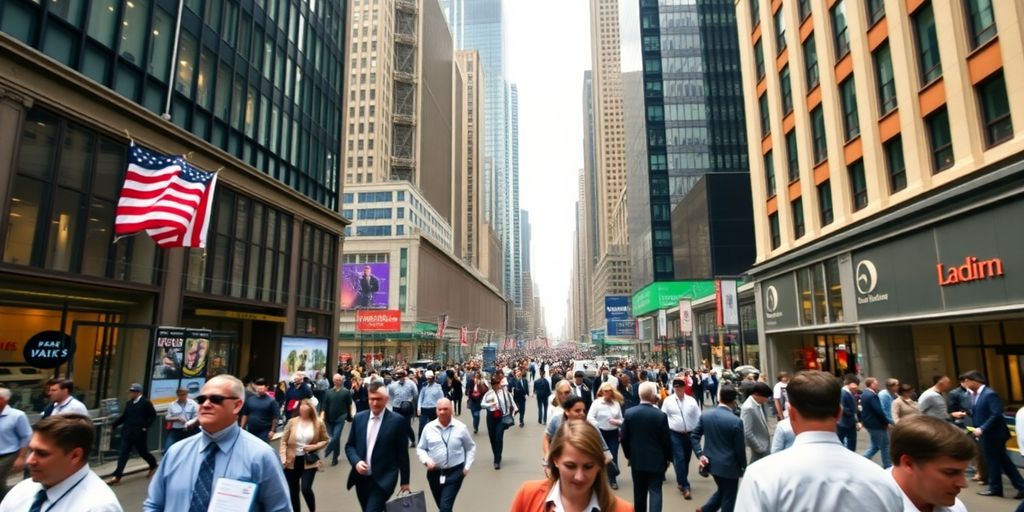 Financial district with skyscrapers and professionals in suits.