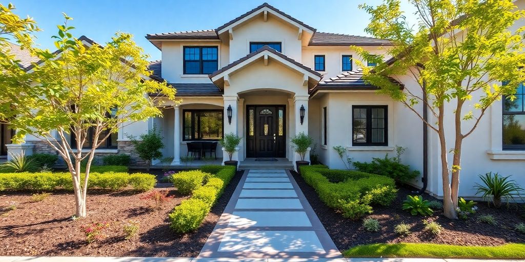 Modern home exterior with professional landscaping.