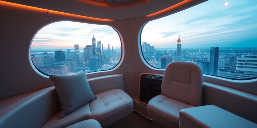 Sleek private jet interior with city skyline view.