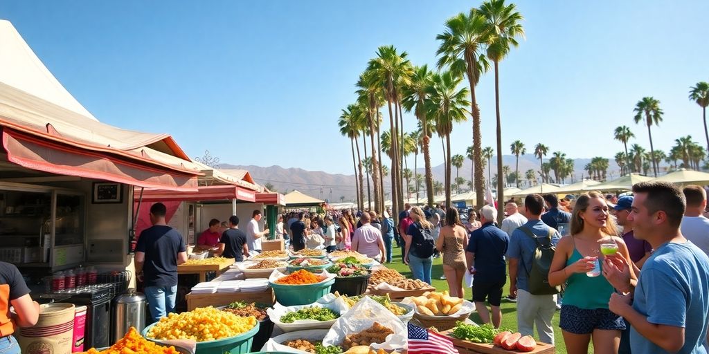 Colorful food stalls at Coachella Valley festival.