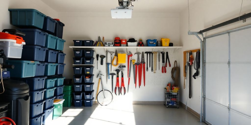Organized garage with neatly stacked boxes and tools.
