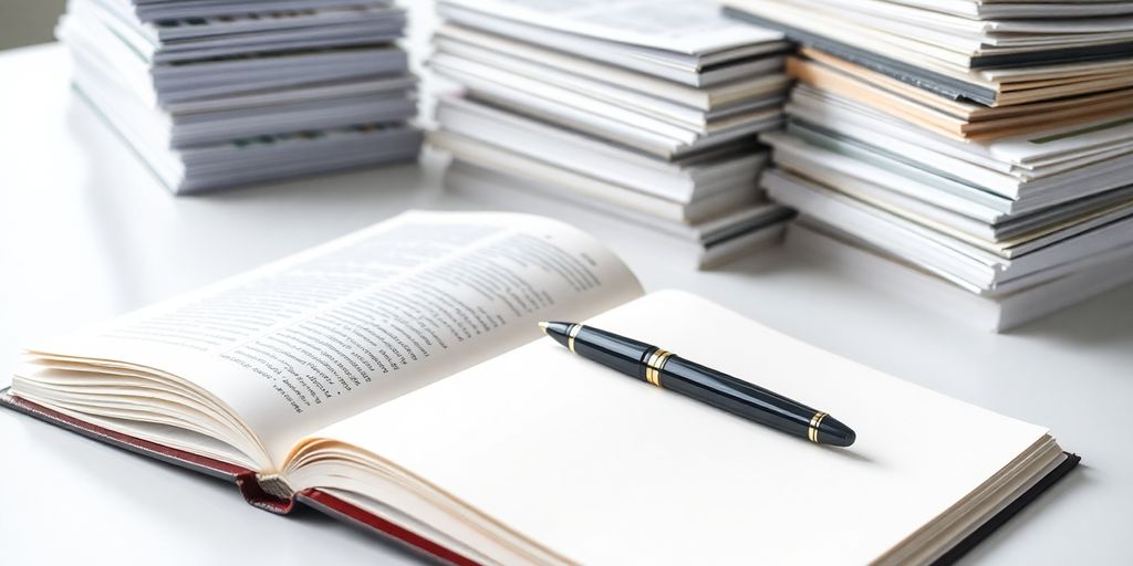 Open book, neatly stacked papers, and a pen.