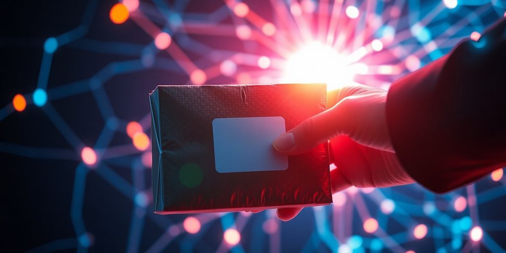 Un colis intercepté par une main sur un fond numérique.