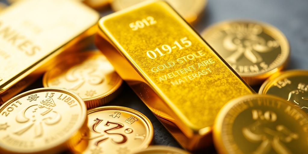 Barre et pièces d'or sur fond neutre.