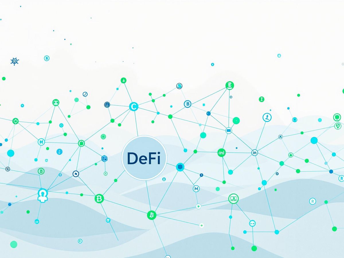 Digital landscape of interconnected nodes and blockchain elements.