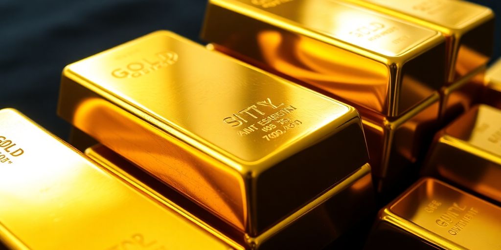 Des lingots d'or empilés sur un fond sombre.