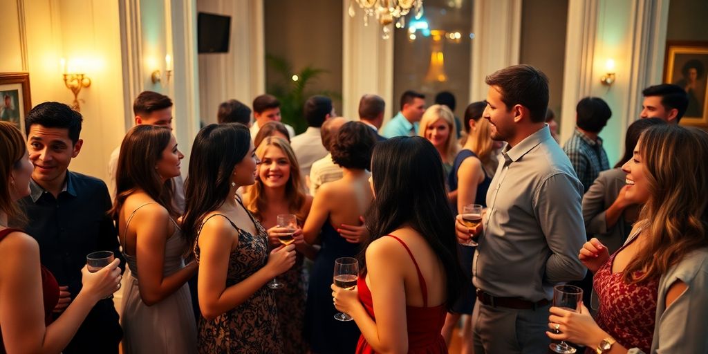 Couples mingling, smiling, enjoying, in a lively party setting.