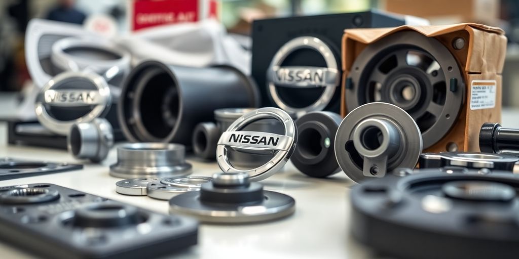 Close-up of genuine Nissan parts on a clean surface.