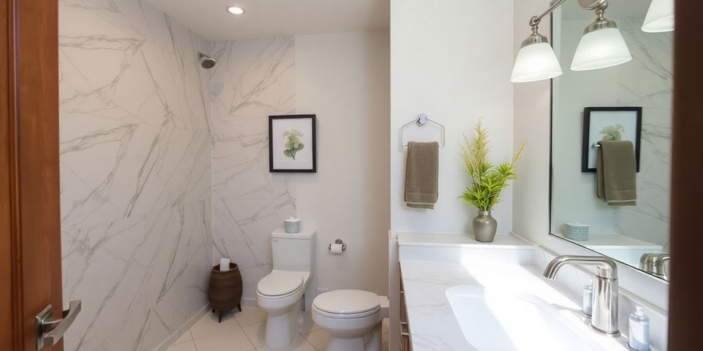 Modern bathroom with elegant tiles and stylish fixtures.