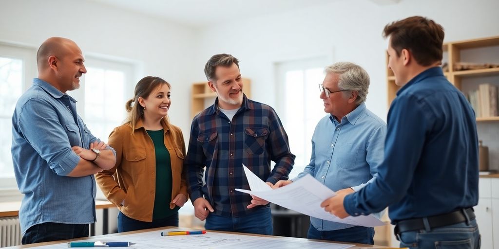 Contractor and homeowners discussing remodeling plans together.