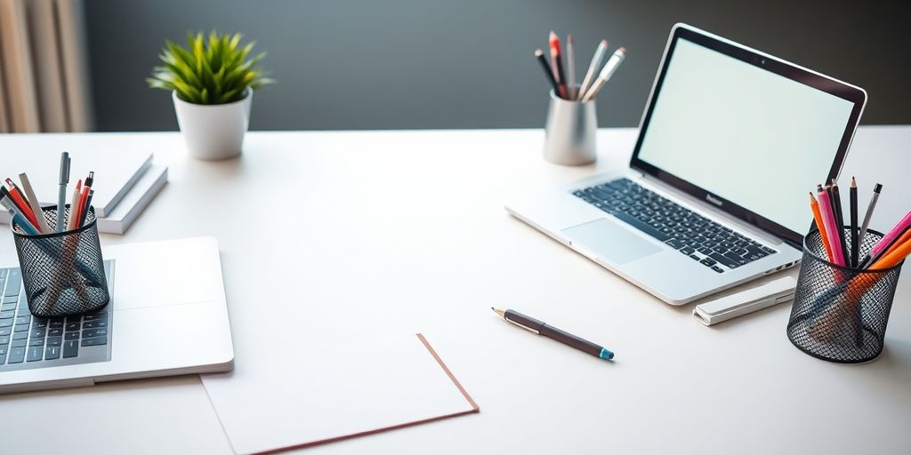 Modern workspace with laptop and notepad for appraisal.