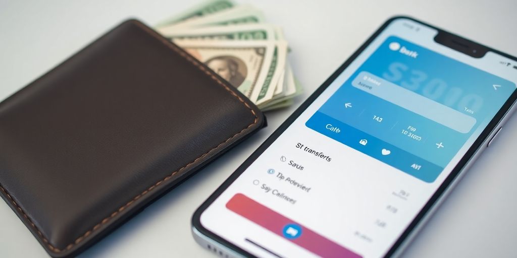 Portefeuille avec des espèces et un smartphone bancaire.